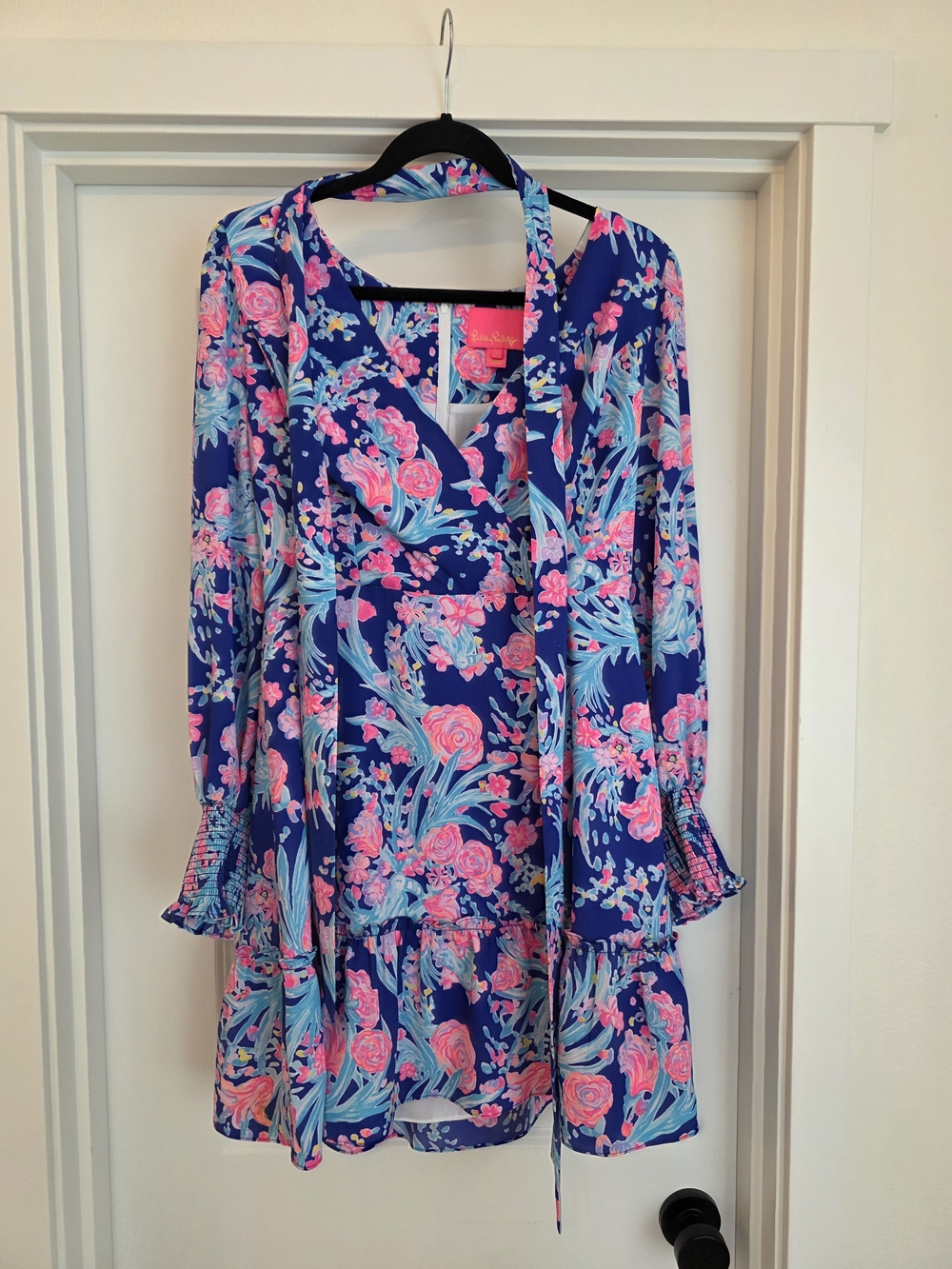 Lilly Pulitzer Blue Floral Tie-Neck Dress with Pink & Aqua Accents